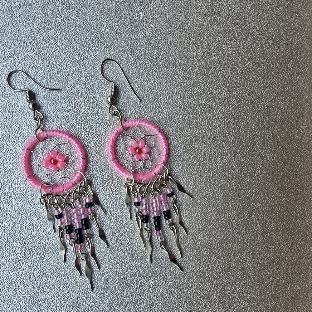 Pink and Silver Dreamcatcher-Inspired Earrings with Fringe